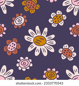 Summer seamless pattern with flowers in 1970 style. Perfect print for tee, paper, textile and fabric. Simple vector illustration for decor and design.
