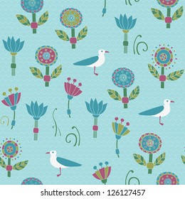 Summer seamless pattern with flowers and birds. Vector illustration.