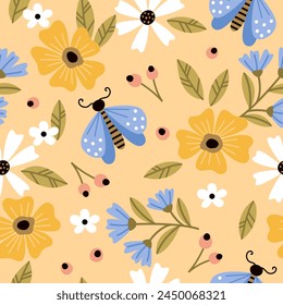 Summer seamless pattern with flowers, butterflies and leaves. Suitable for printing on fabric and wrapping paper. Vector illustration