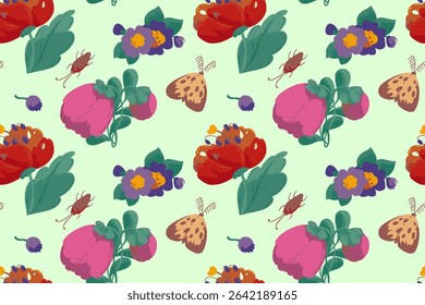 Summer seamless pattern with flowers, butterfly, beetle. Textile texture with flowers. Vecto