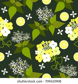 Summer seamless pattern with flowers and green leaves can be used for design fabric, backgrounds, wrapping paper, package, covers, linen and more ideas.