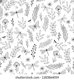 Summer seamless pattern with flowers, leaves and dragonfly. 