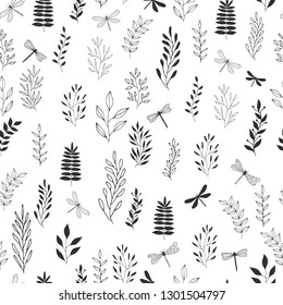 Summer seamless pattern with flowers, leaves and dragonfly.  Scandinavian simple design.