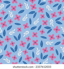 Summer seamless pattern with flowers and leaves on light blue background. Perfect for wallpaper, gift paper, greeting cards. Vector illustration