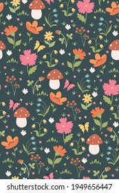 Summer seamless pattern with flowers and mushrooms. Vector graphics.