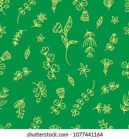 Summer seamless pattern with flowers and plants on green  background.  Vector contour doodle style image. 
