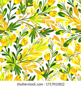 Sommernahtloses Muster mit Blumen und Pflanzen auf weißem Hintergrund. Cartoon-Vektorillustration-Illustration