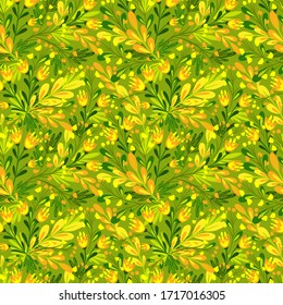 Summer seamless pattern with flowers and plants on green background. Cartoon vector illustration. Floral print for textile. Fabric art