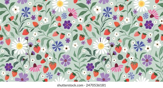 Summer seamless pattern with flowers and red strawberries, decorative wallpaper