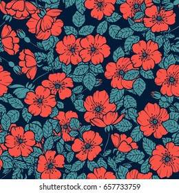 Summer seamless pattern with flowers roses for cloth, fabric, paper, Wallpaper. Rose-hip floral elements. Superior design, unique vector.