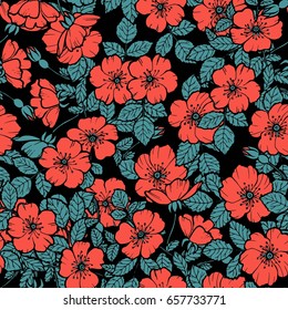 Summer seamless pattern with flowers roses for cloth, fabric, paper, Wallpaper. Rose-hip floral elements. Superior design, unique vector.