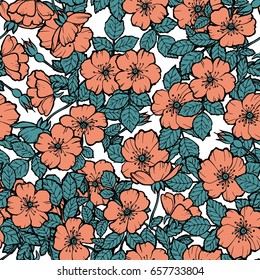 Summer seamless pattern with flowers roses for cloth, fabric, paper, Wallpaper. Rose-hip floral elements. Superior design, unique vector.