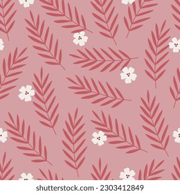 Summer seamless pattern with flowers and tropical leaves on pink background. Perfect for wallpaper, gift paper, greeting cards. Vector illustration