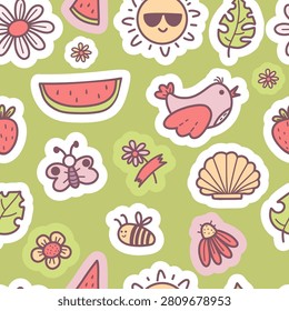 Summer Seamless Pattern. Flowers, Watermelon, Butterfly, Bee, Shell and Sun Hand Drawn Stickers on Green Background. Vector illustration