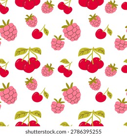 Summer seamless pattern with fresh seasonal berries on a light background. Raspberries, cherries. Perfect for packaging design, textiles. Vector illustration