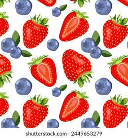 Summer seamless pattern with fresh strawberries and blueberries. Vector illustration