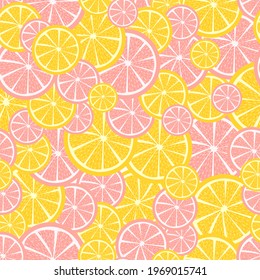 Summer seamless pattern with fruit slices on top of each other. Lemons, oranges and grapefruits repetitive background. Textile and printable texture with abstract and tropical plants.