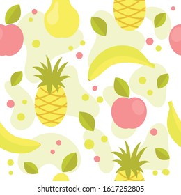 Summer seamless pattern with fruit.Banana, Apple, pear, pineapple.Health, vitamins, diet.Bali,a tropical.Summer fun background for packaging design or background for your site.Flat vector illustration