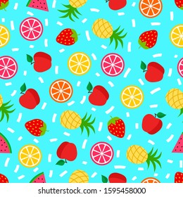 Summer seamless pattern with fruits. Apple, pineapple, strawberry, lemon, orange, grapefruit. Vector illustration.