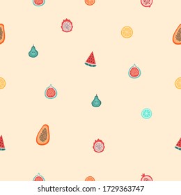 Summer seamless pattern with fruits background. Element for your design textile, fabric, scrapbooking paper, wallpaper, menu cafe,bistro, restaurant, label and packaging. Vector illustration.