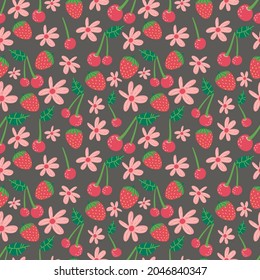 Summer seamless pattern with fruits, berries and blossom. Sweet cartoon background for textile, fabric, decorative paper. Vector