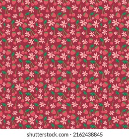Summer seamless pattern with fruits, berries and blossom. Sweet cartoon background for textile, fabric, decorative paper. Vector