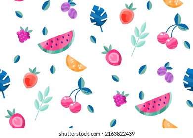 Summer seamless pattern with fruits and berries. Can be used for textile design, banners, backgrounds, wallpaper. 
