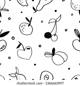 Summer seamless pattern with fruits in doodle style isolated on white background. Mandarin,peach,apple,cherry,pear,lemon. Vector outline illustration healthy food. Cute kids print, textile, wallpaper.