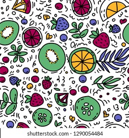 Summer seamless pattern with fruits for farbric and print. Vector vegan illustration