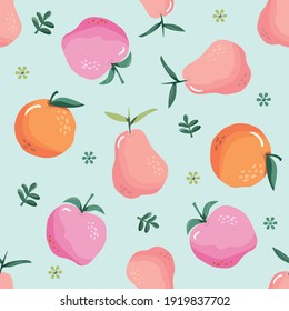 Summer seamless pattern with fruits. Festive tropical background for textile, fabric, decorative paper. Vector illustration