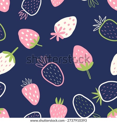 Summer seamless pattern with fruits hand drawn healthy food set and strawberry cartoon background