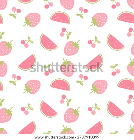 Summer seamless pattern with fruits hand drawn healthy food set and strawberry cartoon background
