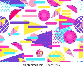 Summer seamless pattern with fruits and ice cream. Geometric elements memphis in the style of 80s. Vector illustration