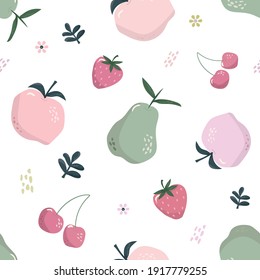 Summer seamless pattern with fruits isolated on white. Sweet cartoon background. Pastel pink and green colors. Vector illustration