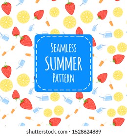 Summer seamless pattern with fruits on white background. Cartoon style. Vector