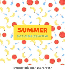 Summer seamless pattern with fruits on white background. Cartoon style. Vector