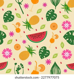 Summer Seamless Pattern With Fruits, Tropical Leaves and Flowers for Print, Textile, Fabric, Banner Poster and backgrounds