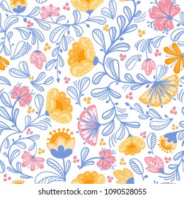 Summer seamless pattern with in full bloom flower. Doodling flowers on a white background. Fabric print with yellow and pink flowers and blue leaves