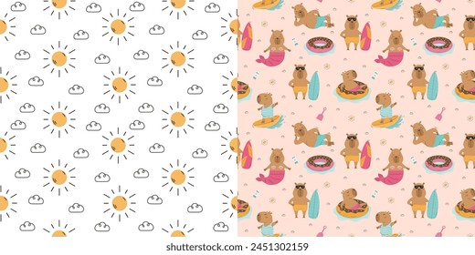 Summer seamless pattern with funny capybaras