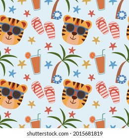 Summer seamless pattern of funny tiger face with orange juice and beach elements. Animal pattern for prints. Wallpaper, fabric fashion pattern, backdrop, wrapping paper, etc.