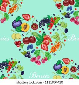 Summer seamless pattern with garden berries on a blue background