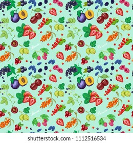 Summer seamless pattern with garden berries on a blue background