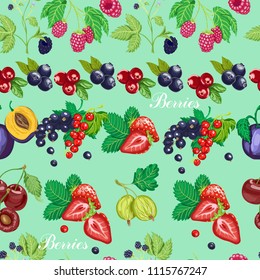 Summer seamless pattern with garden berries on a blue background. Vector illustration for your design