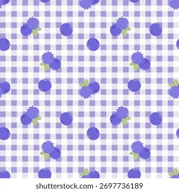 Verão padrão sem emenda com gingham padrão de frutas. conjunto de comida saudável e fundo de desenho animado de mirtilo.