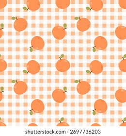 Summer seamless pattern with gingham pattern of fruits. healthy food set and orange cartoon background.