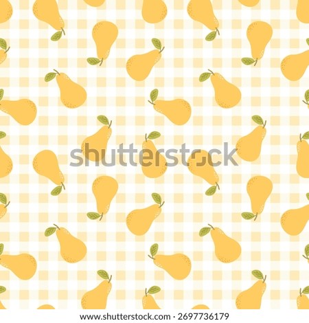 Summer seamless pattern with gingham pattern of fruits. healthy food set and pear cartoon background.