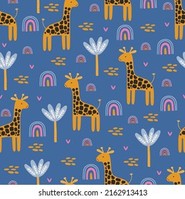 Summer seamless pattern with giraffe, palm trees, rainbows on blue background. Perfect for greetings card, wallpaper, wrapping paper, fabric. Vector kids illustration