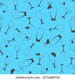 Summer seamless pattern with glasses with juice and cocktail. Vector.