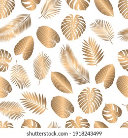 Sommernahtloses Muster mit goldenen tropischen Blättern für Textilien, Wallpaper, Geschenkverpackung und Scrapie. Vektorgrafik.