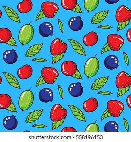 Summer seamless pattern with gooseberries, strawberries and blackberries. Vector illustration